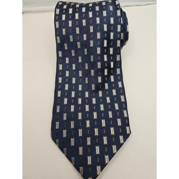 Canali Men's Tie Navy Blue‎ With Silver Rectangles Textured Silk 3.5